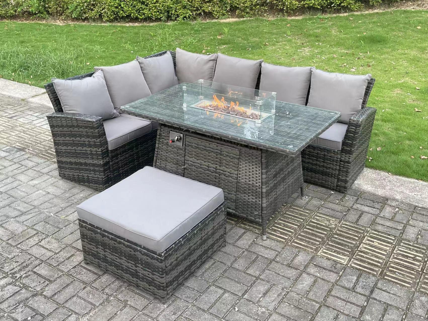 7 Seater High Back Rattan Gas Fire Pit Corner Sofa Dining Set Garden Furniture Heater Dining Table L